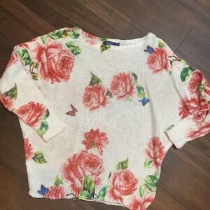 Collezioni Leonardo Floral Rose Knit Sweater White Red Dolman Italy Sz S Boho